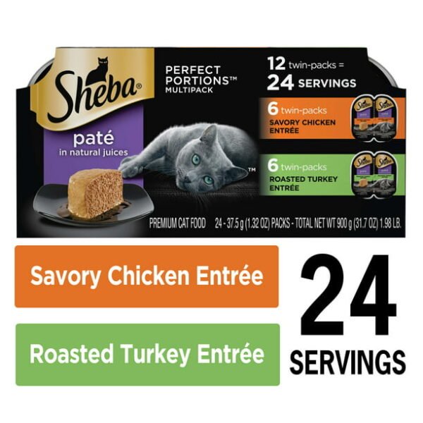 Sheba Wet Cat Food for Adult Cat Pate Variety Pack, Savory Chicken and Roasted Turkey Entrees, 2.6 oz. PERFECT PORTIONS Twin Pack Trays - Image 2